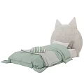 Adorable Kids Bed Featuring Cat Ear Headboard Beige Frame Light Green Bedding And Striped Pillows