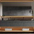 Modern Bathroom Vanity With Double Sink Stone Countertop Wooden Cabinet And Mirror Lighting