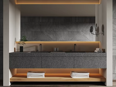 Modern Bathroom Vanity With Double Sink Stone Countertop Wooden Cabinet And Mirror Lighting 3d model