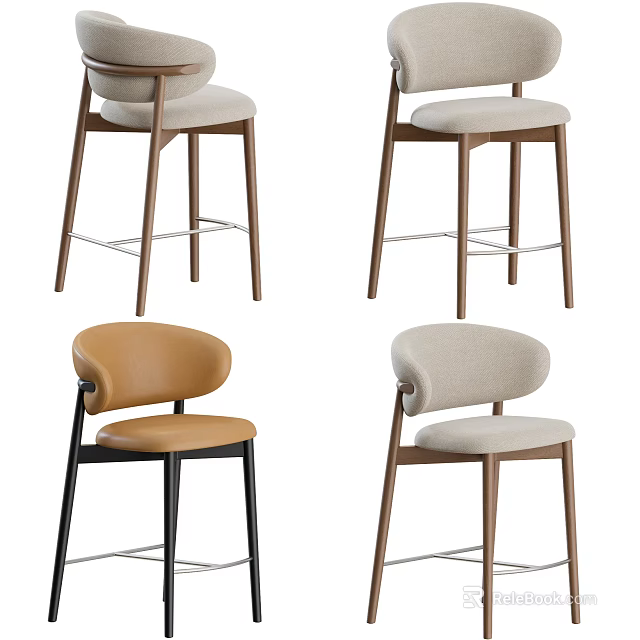 Modern Bar Stools With Wooden Frames Leather Brown And Beige Upholstered Comfortable Seats 3d model 