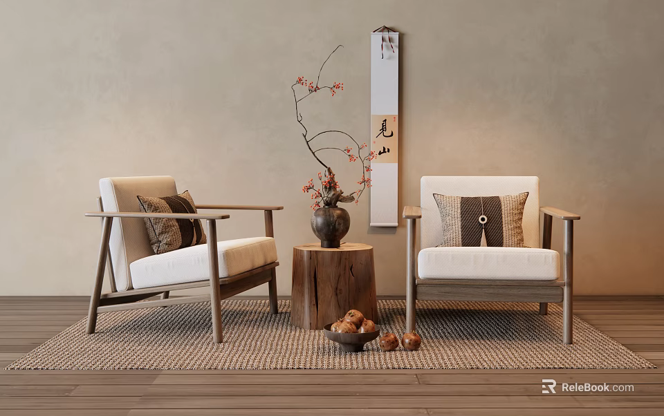 Japanese Style Accent Chairs With Wooden Armrests Wooden Stump Table And Scroll Painting 3d model 