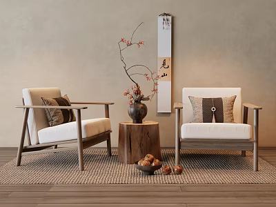 Japanese Style Accent Chairs With Wooden Armrests Wooden Stump Table And Scroll Painting 3d model