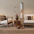 Japanese Style Accent Chairs With Wooden Armrests Wooden Stump Table And Scroll Painting