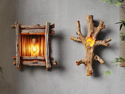 Unique Shaped Wooden Wall Lamps Branch and Square Frame on Grey Wall with Green Plants 3d model