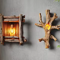 Unique Shaped Wooden Wall Lamps Branch and Square Frame on Grey Wall with Green Plants