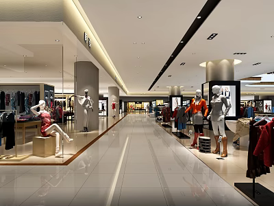 Modern Clothing Store Interior With Mannequins Clothing Displays Spacious Aisles And Lighting 3d model