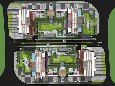 Garden Landscape Layout Design With Central Green Spaces And Surrounding Residential Buildings 3d model