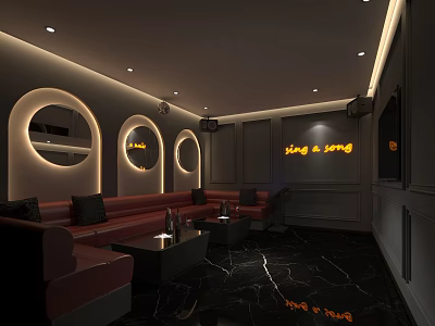 Modern KTV Interior Design With Red Sofa Circular Lights And Black Marble Floor 3d model