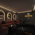 Modern KTV Interior Design With Red Sofa Circular Lights And Black Marble Floor