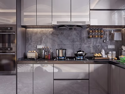 Modern Kitchen Interior With Sleek Cabinets Gray Countertop And Essential Appliances 3d model