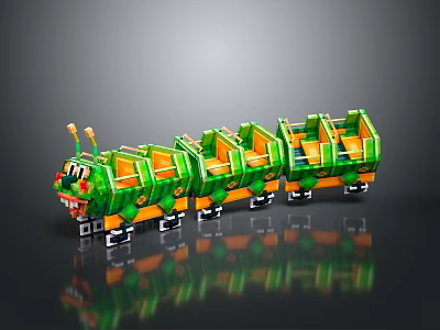 Caterpillar Shaped Green And Orange Toy Train With Colorful Carriages For Kids 3d model