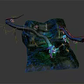Cartoon Style Fantasy Scene with Twisted Glowing Branches Blue Green Terrain and Colorful Accents
