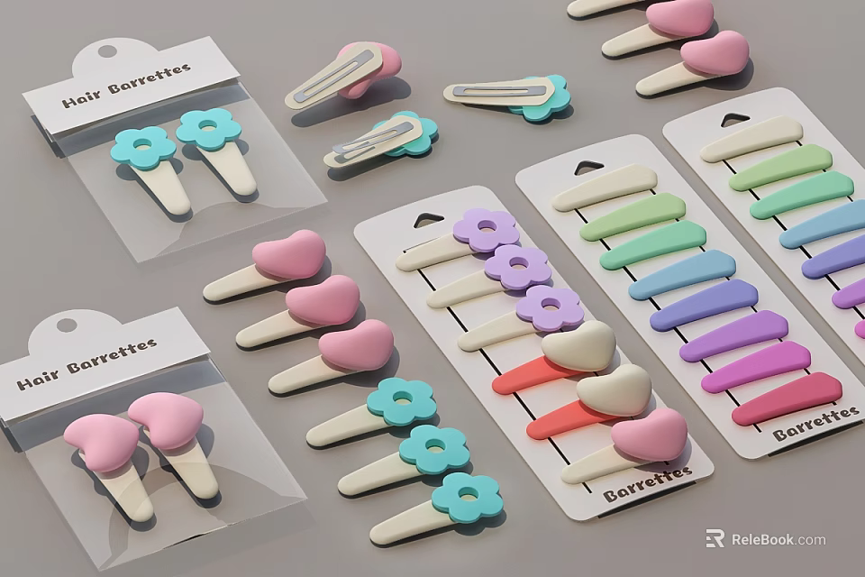 Colorful Hair Barrettes with Flower Heart Shapes Pastel Pink Blue Green Purple for Daily Use 3d model 
