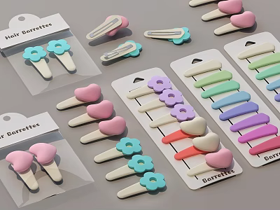 Colorful Hair Barrettes with Flower Heart Shapes Pastel Pink Blue Green Purple for Daily Use 3d model