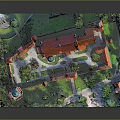 Colorful 3D Cartoon Scene of Village with Red Buildings Green Trees and Blue Domes