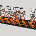 Bicycles in a row with orange wheels on orange rack black floor