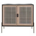 Dark Colored Wooden Decorative Cabinet With Rattan Mesh Double Doors And Metal Legs