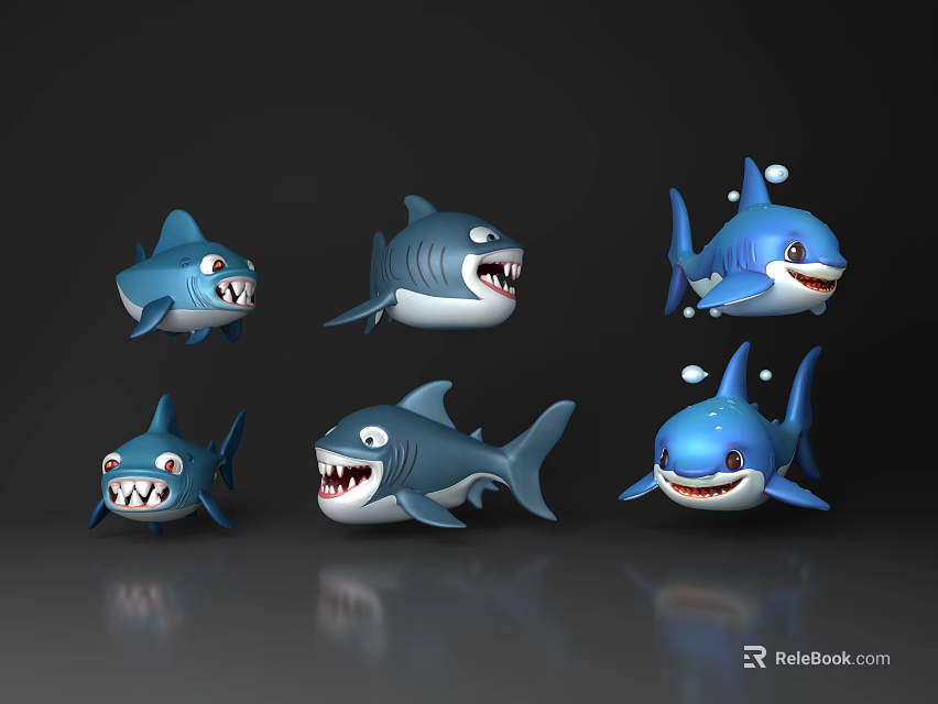 Cute Blue Cartoon Shark Characters With Different Expressions And Poses 3d model 