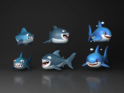 Cute Blue Cartoon Shark Characters With Different Expressions And Poses 3d model