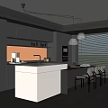 Modern Restaurant Kitchen With Dark Cabinets White Island Pendant Lights Bar Stools And Window Blinds