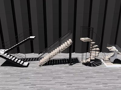 Modern Staircase Collection With Straight Spiral And Curved Designs Wooden Steps Metal Railings 3d model