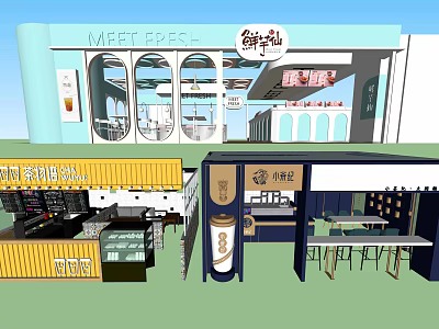 Modern Milk Tea Shop Exterior And Interior With Counter Tables Chairs And Drink 3d model