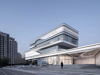 Modern Sales Office Building Featuring Glass Facade And Contemporary Exterior Design 3d model