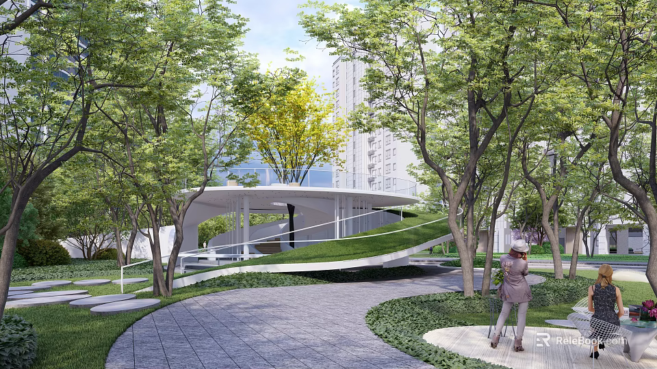 Modern Garden Landscape Design With Lush Trees Circular Green Roof And Stone Pathway 3d model 