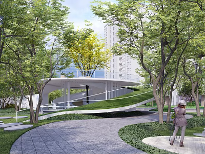 Modern Garden Landscape Design With Lush Trees Circular Green Roof And Stone Pathway 3d model
