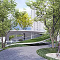 Modern Garden Landscape Design With Lush Trees Circular Green Roof And Stone Pathway