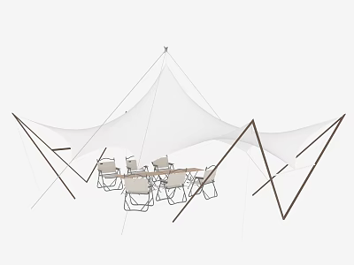 Outdoor White Tent Structure With Wooden Poles And Dining Tables Chairs 3d model