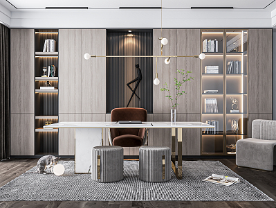 Modern Study Desk and Chair Writing Desk Bookcase Desk Lounge Chair Chandelier Decorative Cabinet 3d model