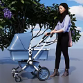 Woman Pushing Blue Stroller Beside Purple Flowering Tree Under Blue Sky With White Clouds