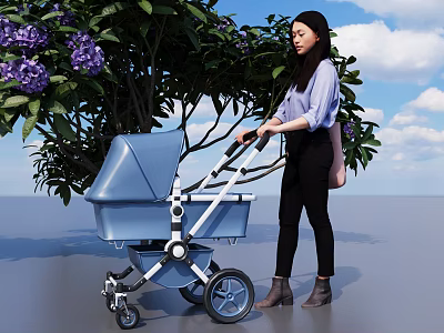 Woman Pushing Blue Stroller Beside Purple Flowering Tree Under Blue Sky With White Clouds 3d model