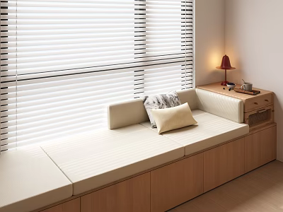 Cozy Bay Window Interior With White Blinds Beige Cushion And Wooden Cabinet 3d model