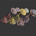 Various Colored Trumpets And Art Supplies Display On Reflective Black Background