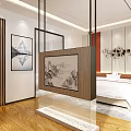 Modern Hotel Room Interior With Red Walls White Headboard Decorative Painting And River View Windows