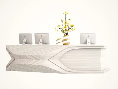 Modern Wooden Reception Desk With Herringbone Pattern Three Computer Monitors Striped Vase And Yellow Flowers 3d model