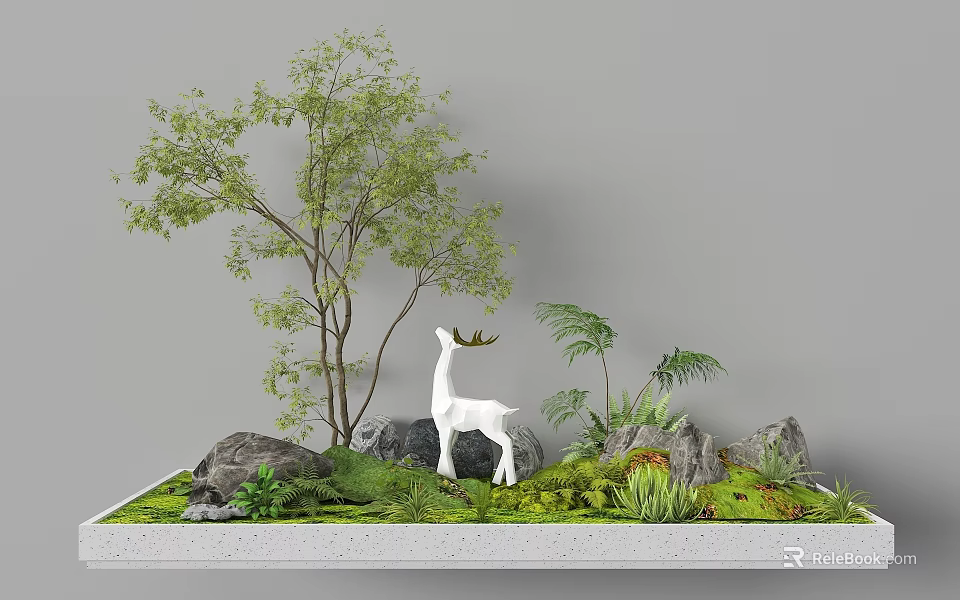 Garden Landscape With White Deer Sculpture Trees Green Moss Stones Grass And Small Plants 3d model 