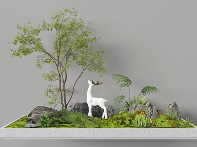 Garden Landscape With White Deer Sculpture Trees Green Moss Stones Grass And Small Plants 3d model