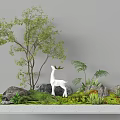 Garden Landscape With White Deer Sculpture Trees Green Moss Stones Grass And Small Plants