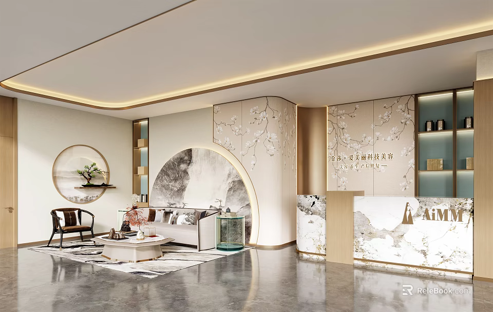 Elegant Modern Beauty Hair Salon Interior With Marble Walls Circular Decor Sofa And Green Plants 3d model 