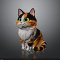 Colorful Cartoon Cat Sitting With Orange Black White Fur Green Eyes And Pink Ears