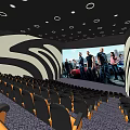 Modern Cinema Interior With Comfortable Seats Curved Walls And Round Ceiling Lights