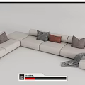 Light Colored Sectional Sofa With Multiple Throw Pillows And Cozy Blanket 3d model