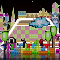 Playful Colorful Cartoon Scene With Geometric Buildings Blocks Clouds And Question Marks