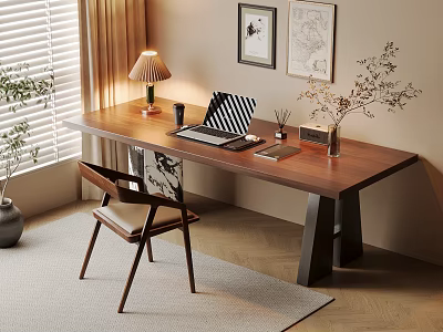Cozy Wooden Desk Workspace With Table Lamp Laptop Plant Chair And Wall Art 3d model