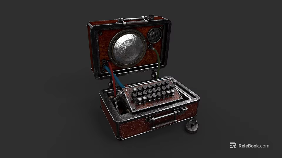 Vintage Computer Device With Open Wooden Case And Keyboard Wheels 3d model 