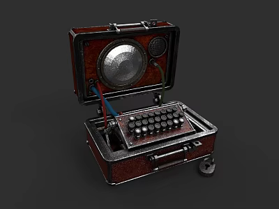 Vintage Computer Device With Open Wooden Case And Keyboard Wheels 3d model
