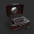 Vintage Computer Device With Open Wooden Case And Keyboard Wheels